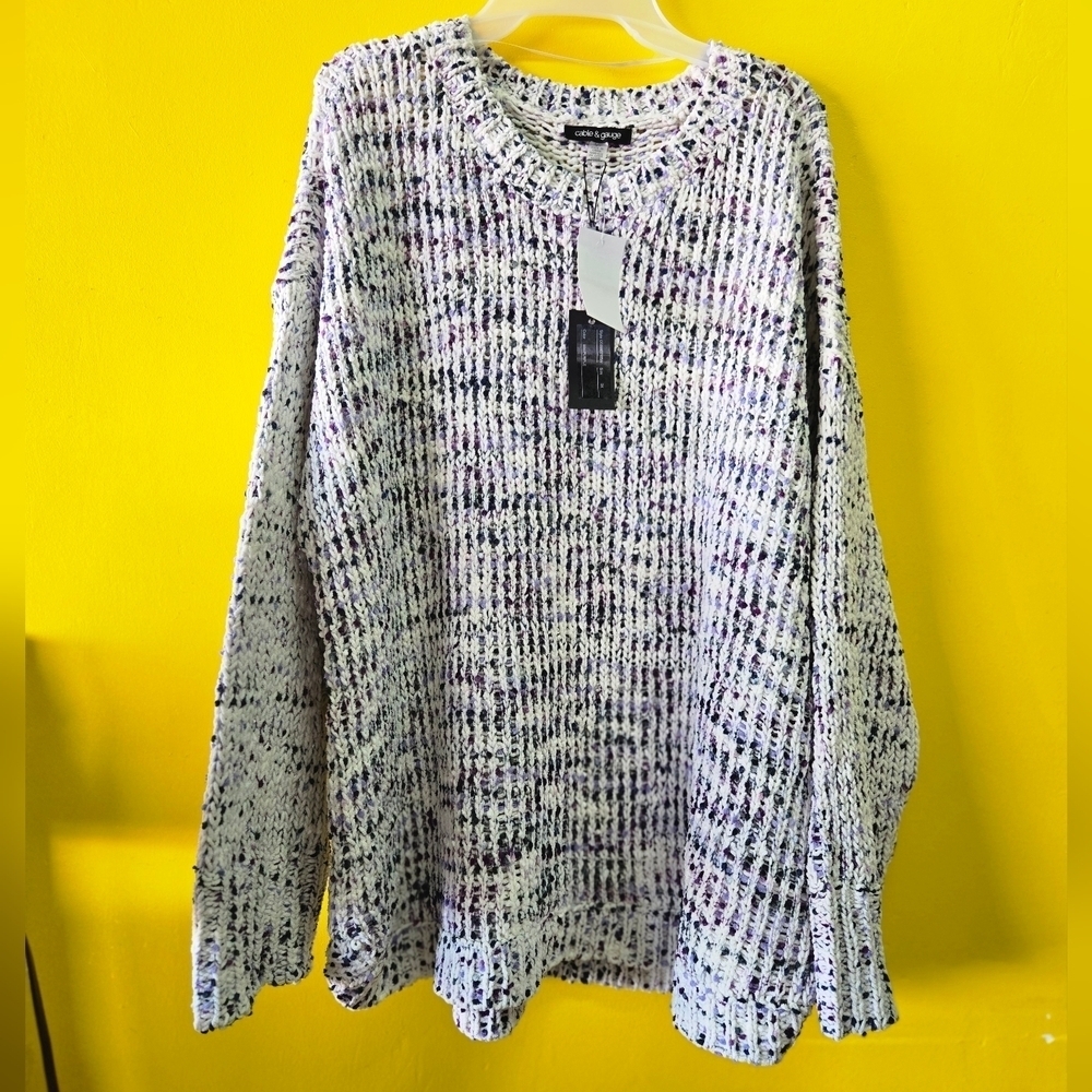 Women’s Cable & Gauge white and purple chunky knit pullover sweater size 3X